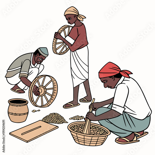 Three people working with baskets and grains workers