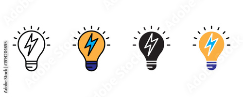 Light bulb icon vector. Energy symbol for creative ideas, electrical power innovation, and bright lightning solution set. Vector Illustration.