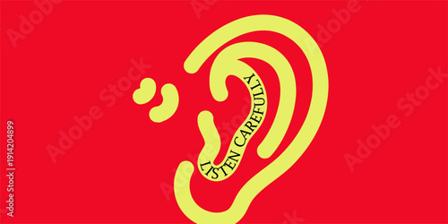 Yellow ear illustration with green text on red background