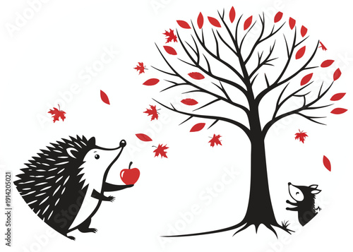 Two hedgehogs and a tree with red falling leaves in a circle animal autumn