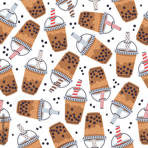 Bubble milk tea seamless pattern. Cartoon tapioca pearls boba tea cups, hand drawn asian milk tea flat vector background illustration. Milk tea cups endless design
