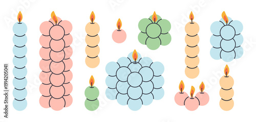 Burning aromatic candles. Cute bubble aroma candles, wax decorative home interior aromatherapy candles flat vector illustration set. Colorful candles collection isolated on white