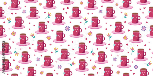 A mug with a drink. Seamless pattern. Tea in a cup and saucer. Tea bag with a tag. Flowers. A bright mug with hearts. Vector background.
