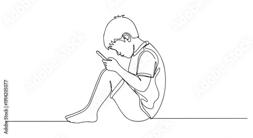 Boy Sitting Alone Using Mobile Phone - A Simple Line Drawing Illustration