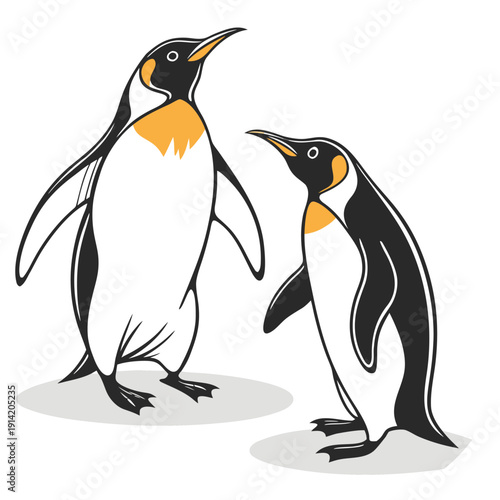 Two stylized emperor penguins standing on a light gray surface with white background birds animals
