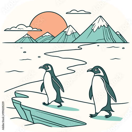 Two Penguins Walking on Ice With Snow- Capped Mountains and Sun vector illustration