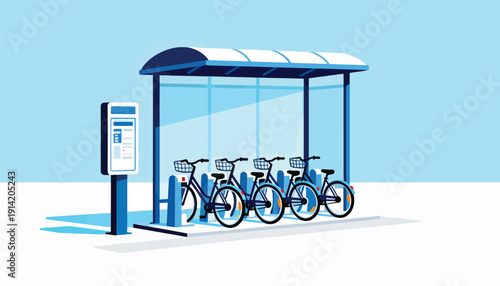 Four bicycles parked under a shelter at a public transit stop