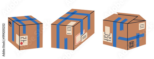Cartoon cargo parcels. Packed cardboard boxes, carton warehouse boxes with goods, delivery or moving containers flat vector illustration set. Delivery boxes on white background