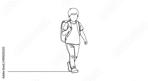 Continuous Line Drawing of a Young Student Walking to School with a Backpack, Representing Education and Childhood Journey