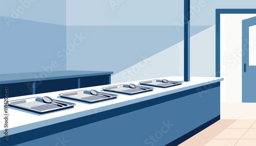 Empty food trays with spoons sit on a serving counter in a cafeteria