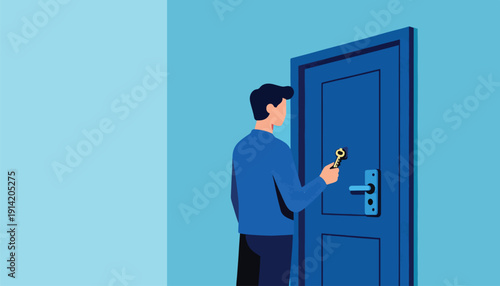 Person with key approaching a blue door