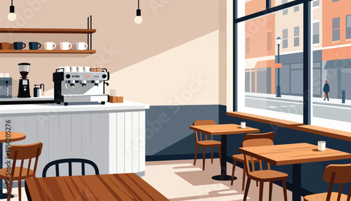 Cozy cafe interior with espresso machine, tables, chairs, and street view through window