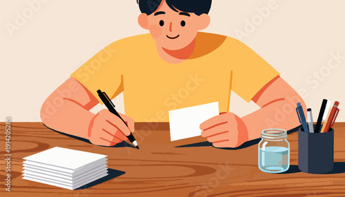 Person sitting at a wooden desk, writing with a pen, holding a card, with pens and water