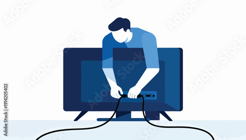 Person connecting cables to the back of a television