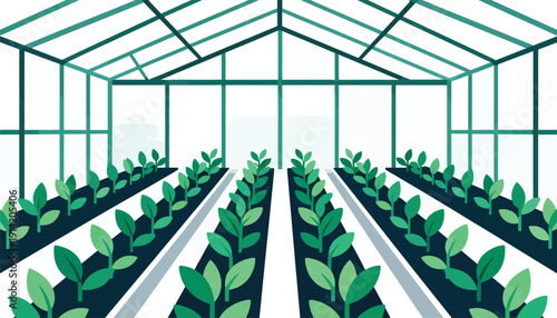 Rows of green plants grow inside a greenhouse with a geometric structure