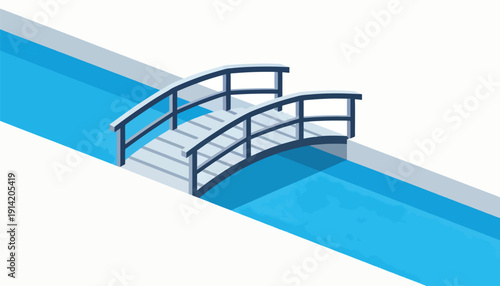 A minimalist illustration of a curved bridge over a bright blue channel