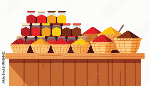 Colorful assortment of spices in jars and baskets on a wooden display