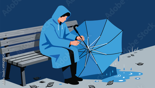 Person in blue raincoat fixing umbrella on bench amidst rain and fallen leaves