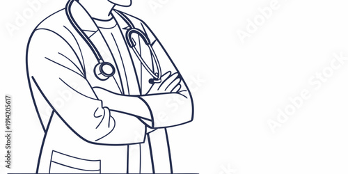 Doctor in a white coat with arms crossed and a stethoscope around the neck