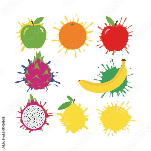 Vibrant fruit collection with colorful paint splashes, fresh and juicy.