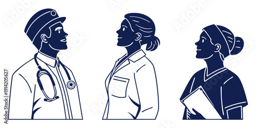 Three diverse healthcare professionals standing together in unity and support.