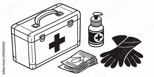 First aid kit with essential medical supplies and protective gloves