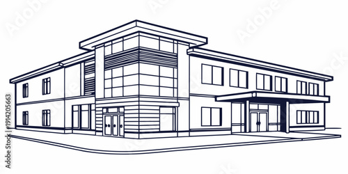 Modern multi-story building with glass facade and surrounding parking lot