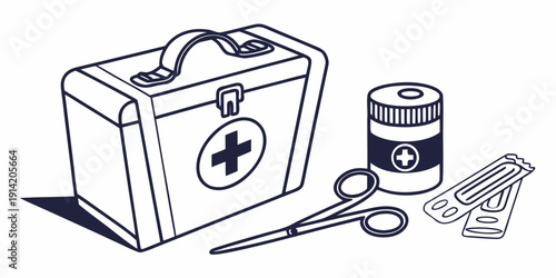 A detailed illustration of a first aid kit with various medical supplies.