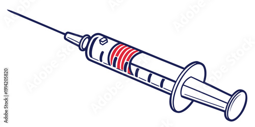 A detailed illustration of a syringe with a needle and red liquid inside