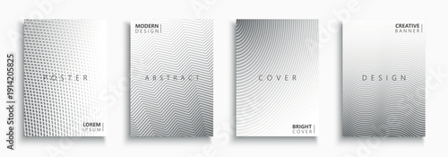 Collection of vector white and gray digital halftone templates, posters, placards, brochures, banners, flyers, backgrounds and etc. Contemporary striped and dotted abstract covers - geometric design