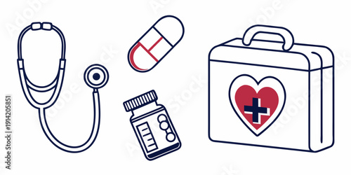 Medical equipment and supplies arranged neatly on a white background