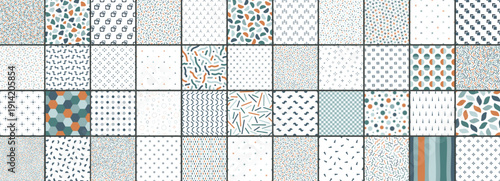 Collection of unusual fashion colorful seamless patterns. Bright minimalistic scrapbook backgrounds. Retro 80-90s trendy prints