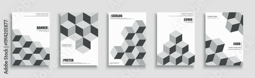 Collection of abstract geometric monochrome business covers, templates, backgrounds, placards, brochures. 3d print with cube shapes for creative design financial projects. Science and technology