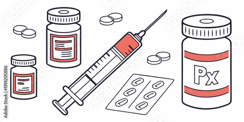 Assorted medications and medical equipment arranged on a white background.