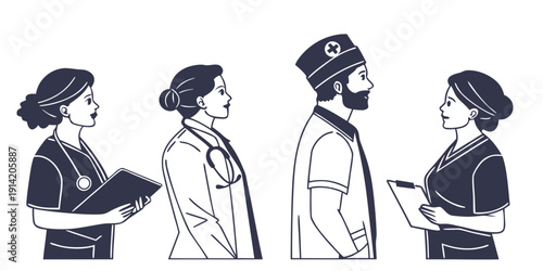 A diverse group of medical professionals standing together in a line.