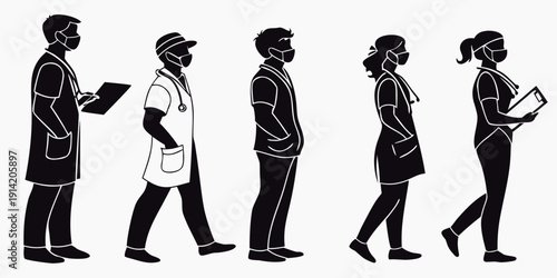 Diverse group of professionals walking in a line, showcasing different occupations and styles.