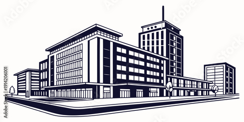 A detailed black and white illustration of a large city building complex