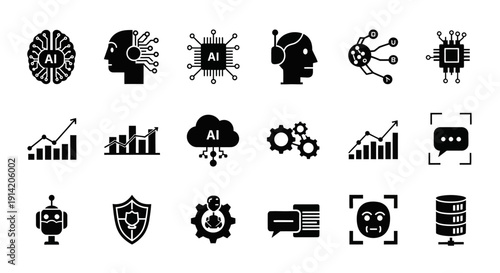 AI Silhouette Icons Set – Artificial Intelligence Solid Black Vector Collection