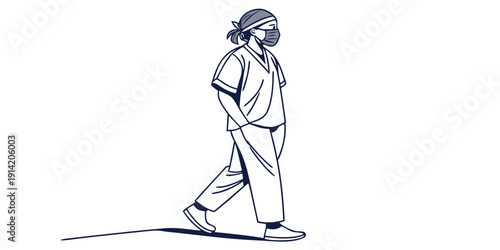 A person wearing a mask and a hooded sweatshirt is walking on a path.