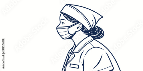 A healthcare worker wearing a protective mask and headscarf looking to the side.