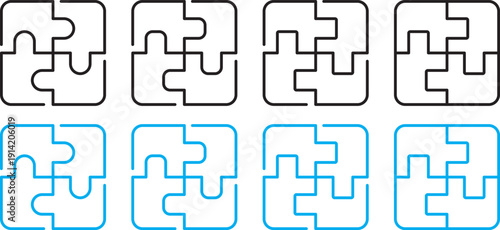 Puzzle pieces icon set, jigsaw connection symbols, minimalist technology and structural design elements. logical thinking and problem solving shapes. jigsaw puzzle pieces outline Vector illustration.
