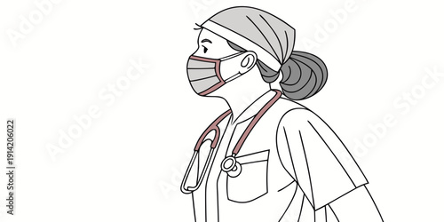 A healthcare worker wearing a face mask and a headscarf, looking to the side.
