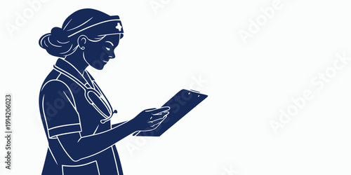 A woman in a nurse's uniform looking at a tablet device.