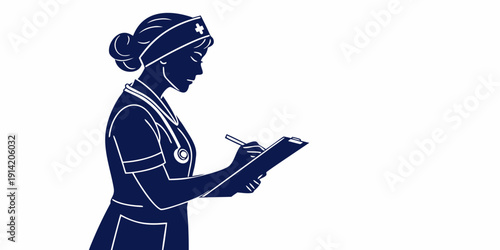 A woman in traditional attire holding a clipboard and pen.