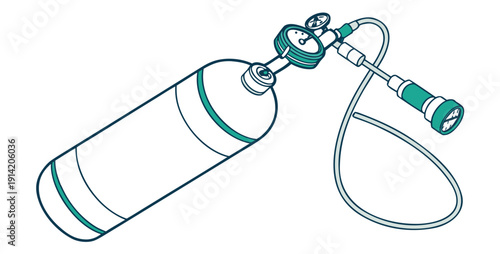 A portable oxygen tank with a green hose and a flow meter attached to it