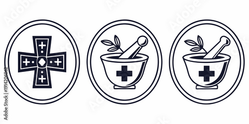 Three circular icons representing healthcare, food, and medicine.