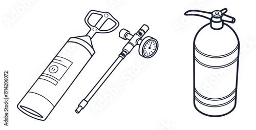 Two types of fire extinguishers: a portable fire extinguisher and a wheeled fire extinguisher