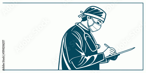 A focused surgeon is meticulously taking notes during a medical procedure.