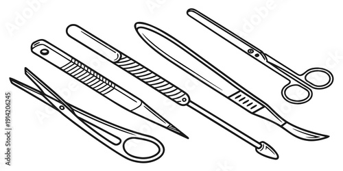 Assorted surgical instruments including scissors, forceps, and scalpels.