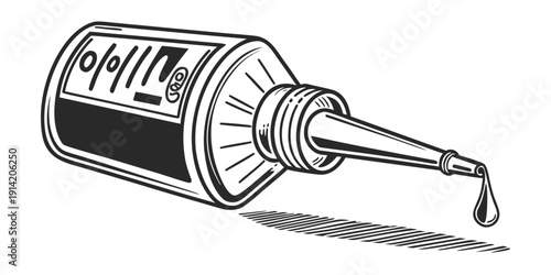 A close-up view of a bottle of glue with a drop falling from its nozzle.